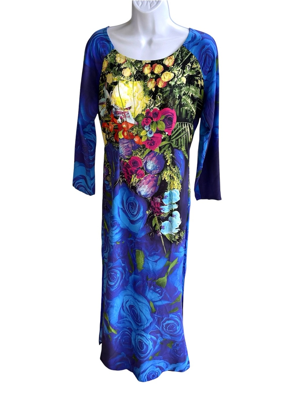 Blue Floral Print Long Sleeve Long Top